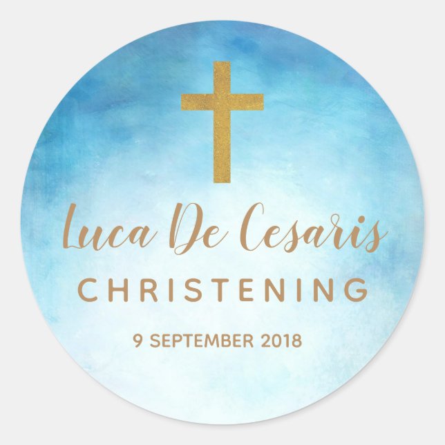 Blue Watercolor Gold Cross Christening Aufkleber (Vorderseite)