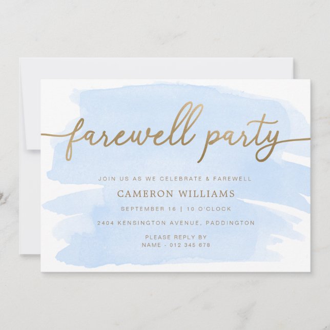 Blue Watercolor Gold Farewell Party Einladung (Vorderseite)