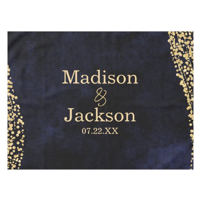 Blue Watercolor & Gold Glam Wedgram Monogram Tischdecke (Vorderseite (Horizontal))