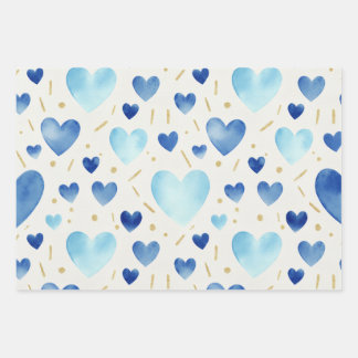 Blue Watercolor & Gold Glitter Hearts Geschenkpapier Set