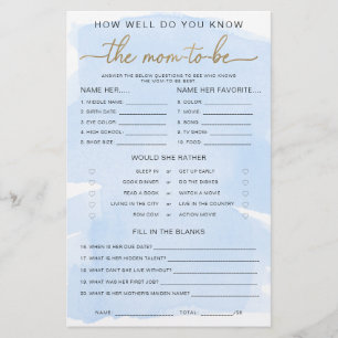 Blue Watercolor Gold Know The Mama to be Game