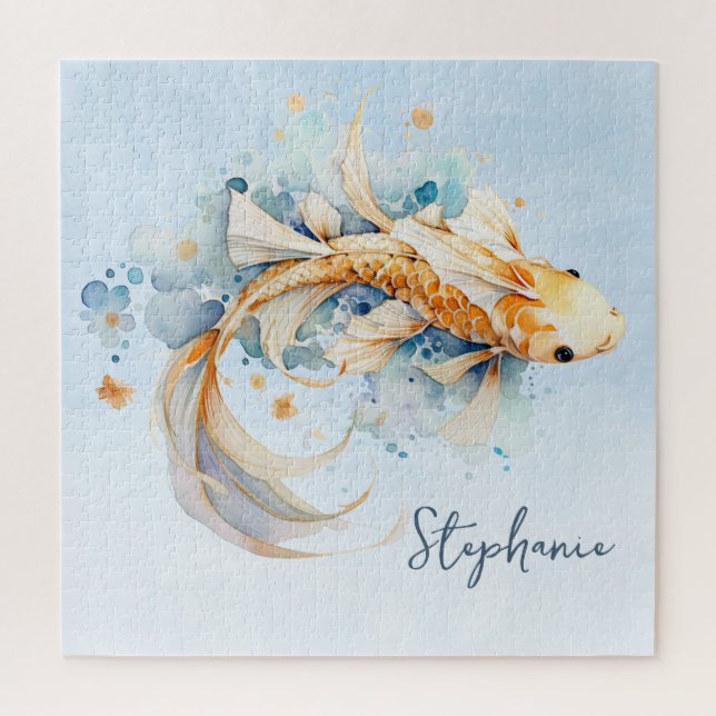 Blue Watercolor Gold Koi Fisch Personalisiert (Vertikal)