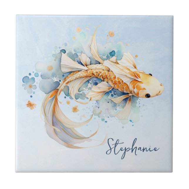 Blue Watercolor Gold Koi Fisch Personalisiert Fliese (Vorderseite)