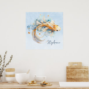Blue Watercolor Gold Koi Fisch Personalisiert Poster