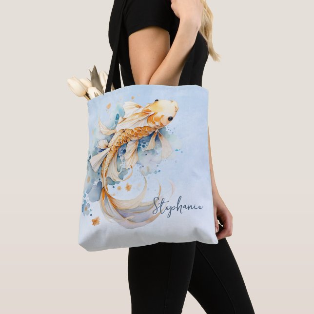 Blue Watercolor Gold Koi Fisch Personalisiert Tasche (Von Nahem)