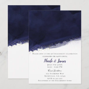 Blue Watercolor & Gold Moderne schicke Hochzeit Einladung