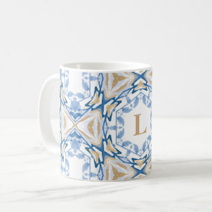 Blue Watercolor & Gold Monogram Tasse