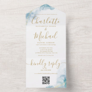 Blue Watercolor Gold Script QR Code Hochzeit All In One Einladung