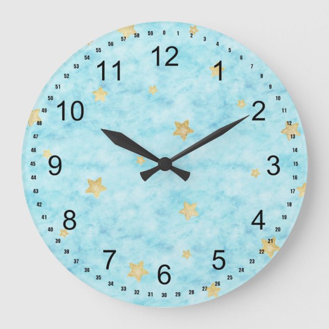 Blue Watercolor Gold Stars Große Wanduhr (Vorderseite)