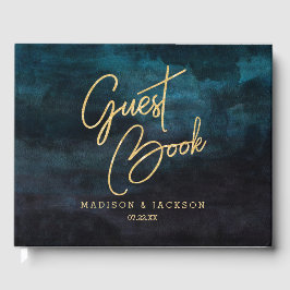 Blue Watercolor & Gold Wedding Monogram Gästebuch