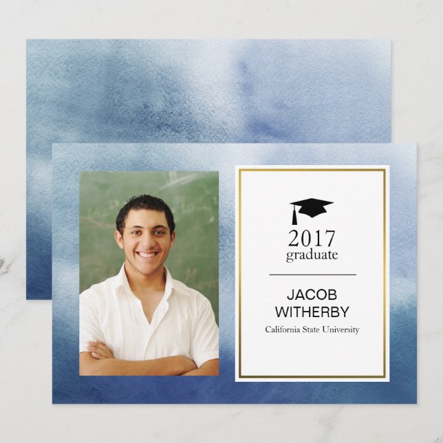 Blue Watercolor Graduate Foto Card Einladung (Vorne/Hinten)