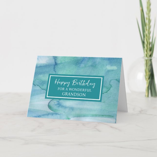 Blue Watercolor Grandson Birthday Karte (Vorderseite)