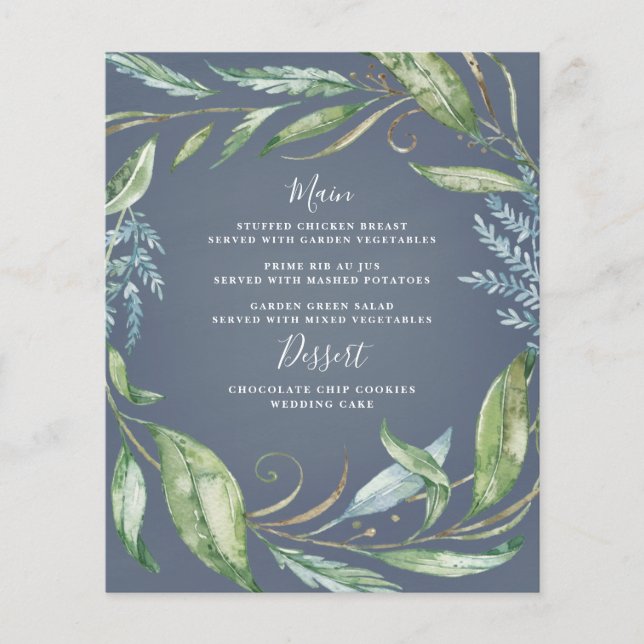 Blue Watercolor Greenerity Wreath Wedding Menu Car (Vorderseite)