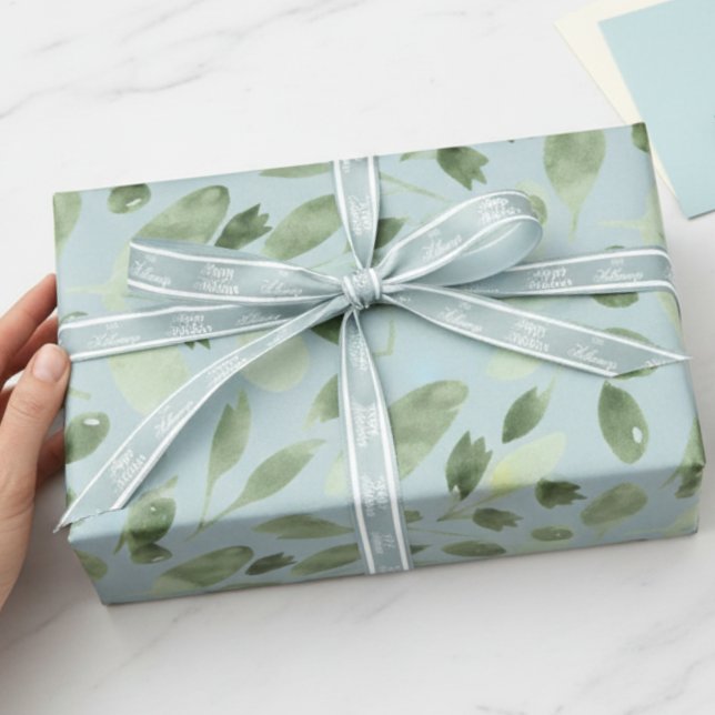 Blue Watercolor Greenery Holiday Geschenkpapier (Send holiday greetings with a classic touch! )