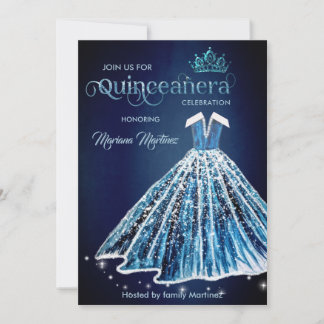 Blue Watercolor Handgezeichnetes Ballkleid Quince Einladung