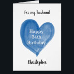 Blue Watercolor Heart 34th Birthday<br><div class="desc">A personalized 34th birthday card for him featuring a blue watercolor heart on the front. The front of this blue heart 34th birthday card can be personalized with his name along with the age needed. This would make a wonderful birthday card keepsake for his thirty fourth.</div>