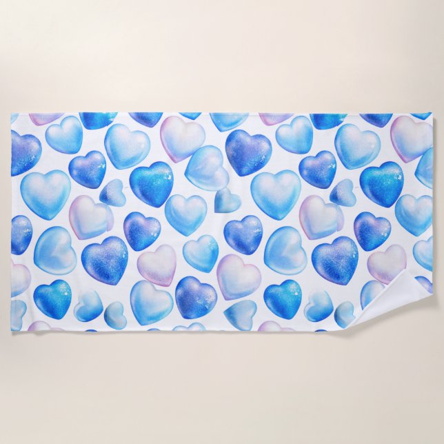 "Blue Watercolor Heart Beach Towel" Strandtuch (Vorderseite)