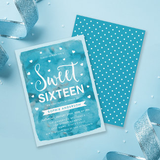Blue Watercolor Hearts Sweet 16 Geburtstagsparty Einladung
