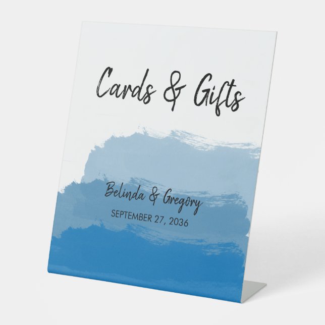Blue Watercolor Hochzeitskarten & Geschenke am Str Sockelschild (Vorderseite)