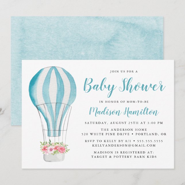 Blue Watercolor Hot Air Ballon Babydusche Einladung (Vorne/Hinten)