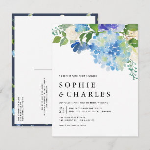 Blue Watercolor Hydrangea QR Code Hochzeit Einladungspostkarte