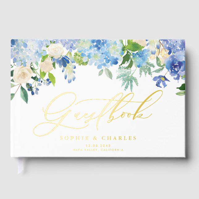 Blue Watercolor Hydrangea und Elfenbeinküste Rose  Gästebuch (Vorderseite)