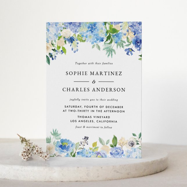 Blue Watercolor Hydrangea und Rose QR Code Wedding Einladungspostkarte (Blue Watercolor Hydrangea and Rose QR Code Wedding Invitation Postcard)