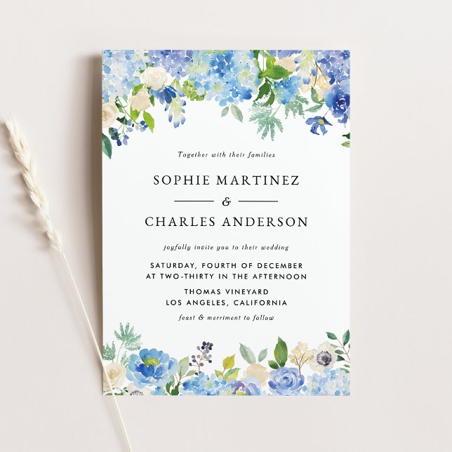 Blue Watercolor Hydrangea und Rose Winter Wedding Einladungspostkarte (Blue Watercolor Hydrangea and Rose Winter Wedding Invitation Postcard)