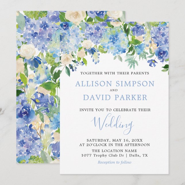 Blue Watercolor Hydrangeas Blumenkarten Einladung (Vorne/Hinten)