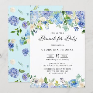 Blue Watercolor Hydrangeas & Rose Brunch für Baby Einladung
