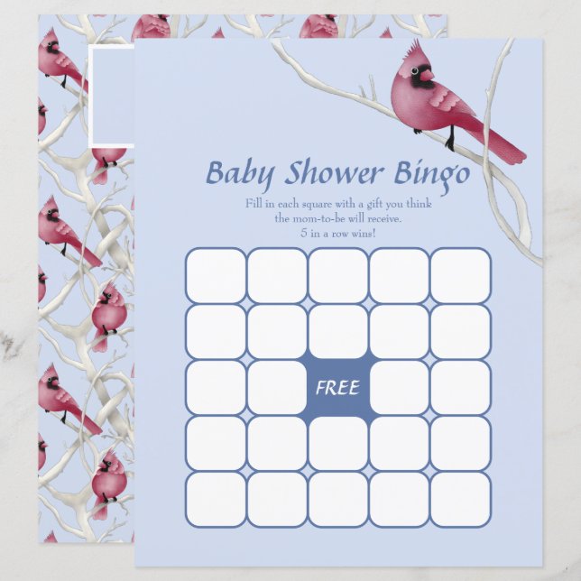 Blue Watercolor Kardinal Baby Showroom Bingo Game (Vorne/Hinten)