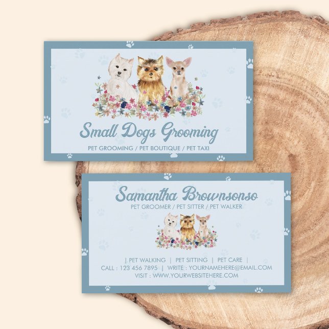 Blue Watercolor Kleine Hunde Paw Print Pet Sitter Visitenkarte (Von Creator hochgeladen)