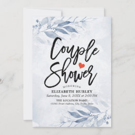 Blue Watercolor Leaf Couple Dusche Polterabend Einladung