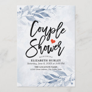Blue Watercolor Leaf Couple Dusche Polterabend Einladung