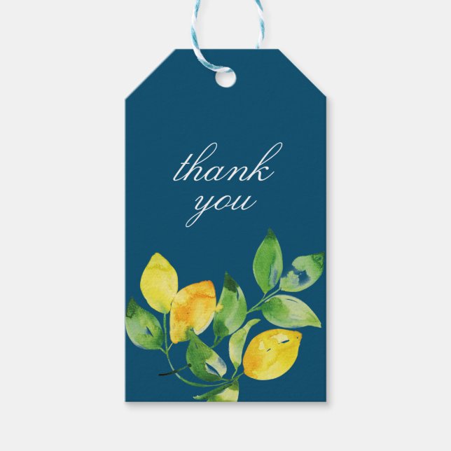 Blue Watercolor Lemon Couple Names Vielen Dank Geschenkanhänger (Vorderseite)