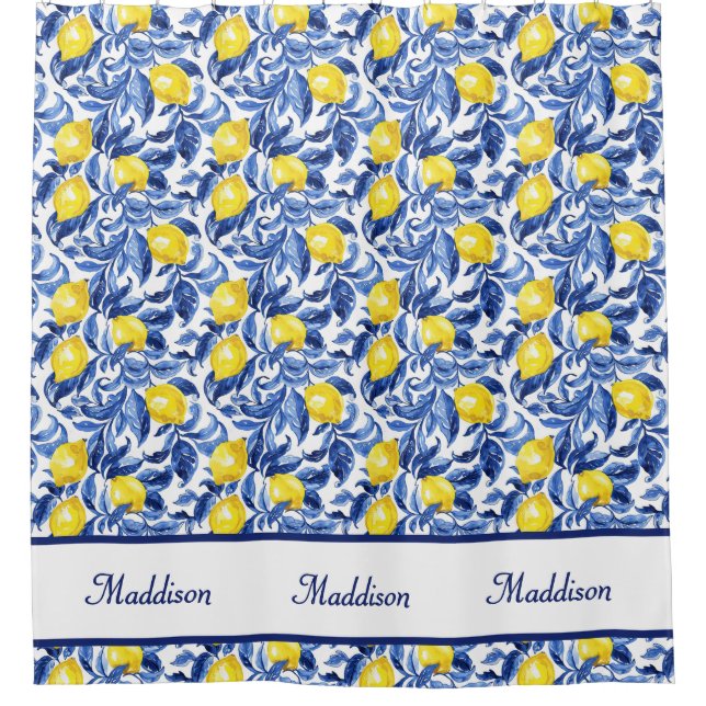 Blue Watercolor Lemon Pattern Monogram Name Duschvorhang (Vorderseite)