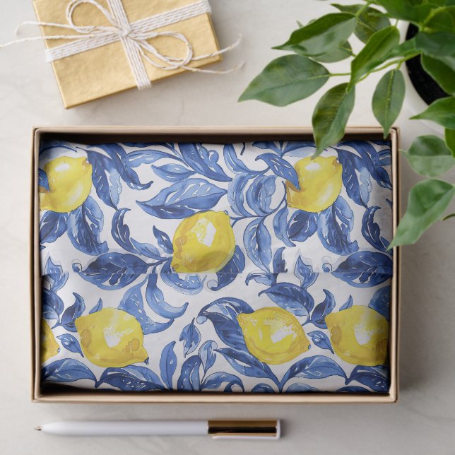 Blue Watercolor Lemon Pattern  Seidenpapier (Geschenk)