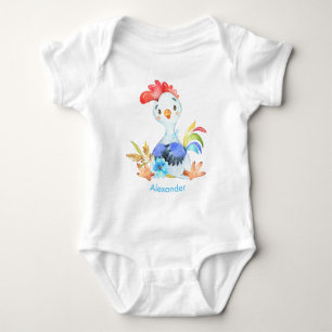 Blue Watercolor Little Rooster Baby Strampler