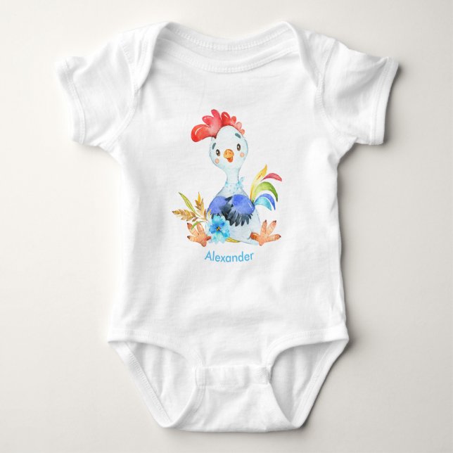 Blue Watercolor Little Rooster Baby Strampler (Vorderseite)