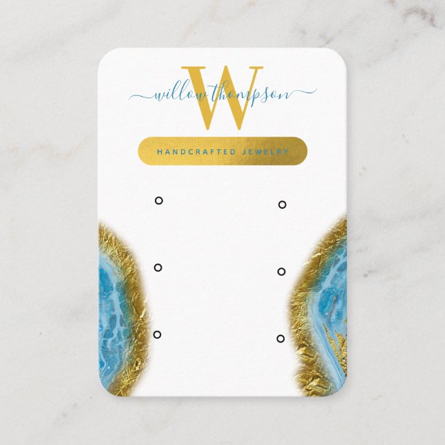 Blue Watercolor Marble Gold Earring Display Card Visitenkarte (Vorderseite)
