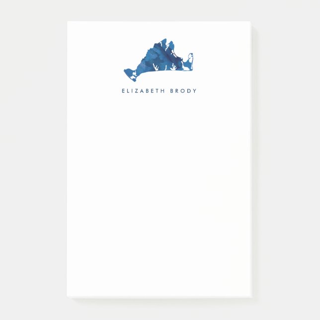 Blue Watercolor Marthas Vineyard Map Monogram Post-it Klebezettel (Vorderseite)