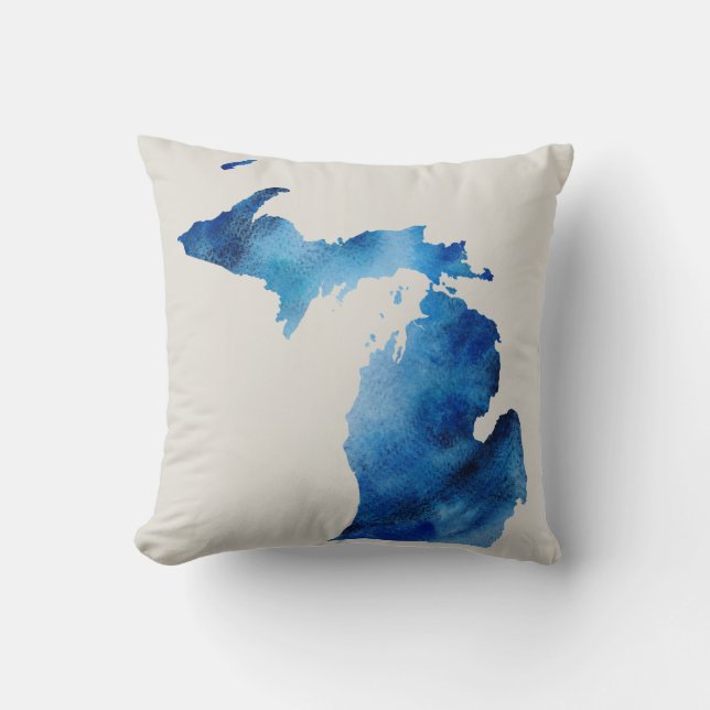 Blue Watercolor Michigan Silhouette | Anpassen Kissen (Vorderseite)