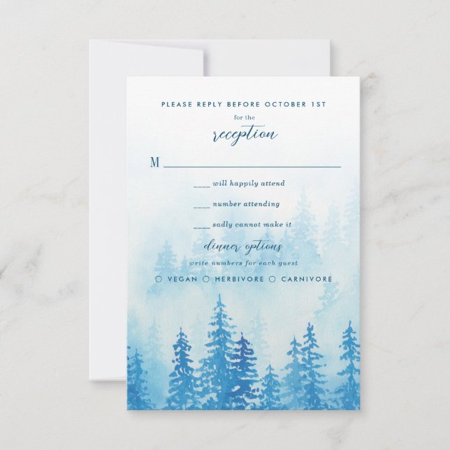 Blue Watercolor Mistle Forest RSVP Karte (Vorderseite)