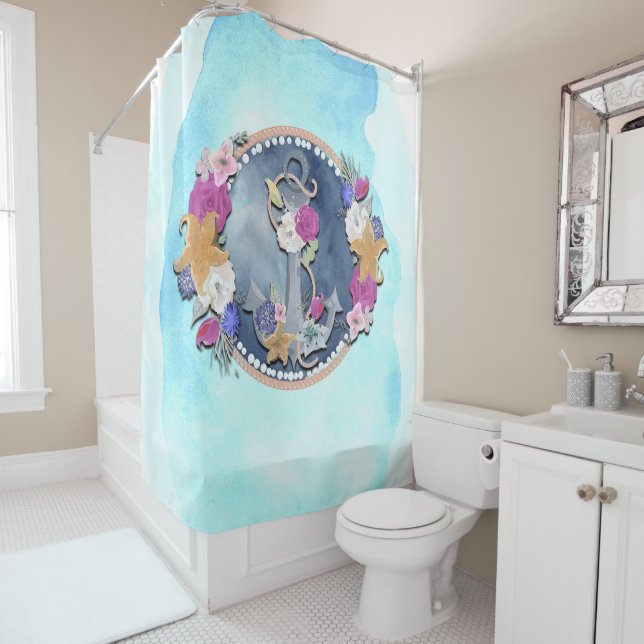 Blue Watercolor Moderner Nautic Floral Anker Duschvorhang (Beispiel)