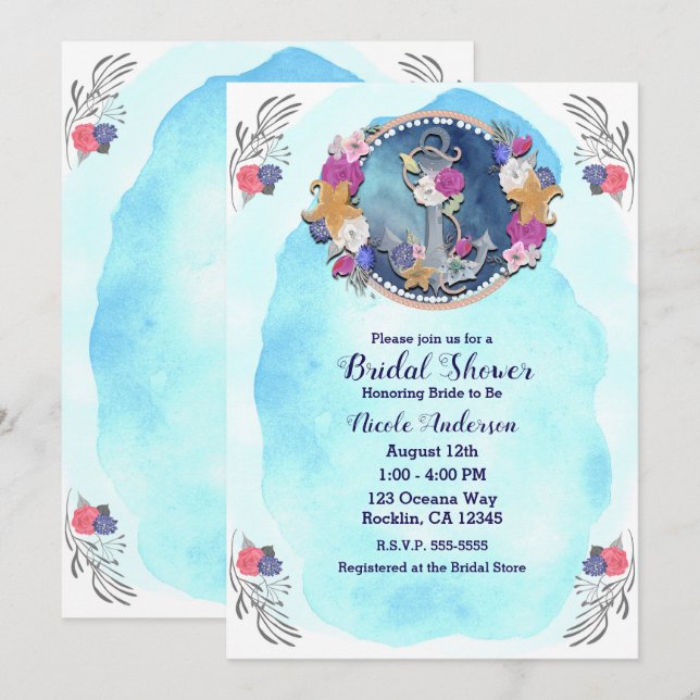 Blue Watercolor Moderner Nautic Floral Anker Einladung (Vorne/Hinten)