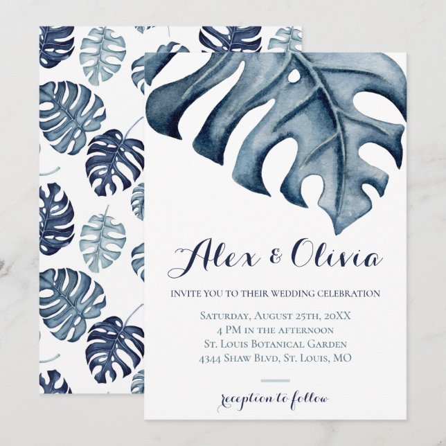 Blue Watercolor Monstera Blätter Hochzeit Einladung (Vorne/Hinten)