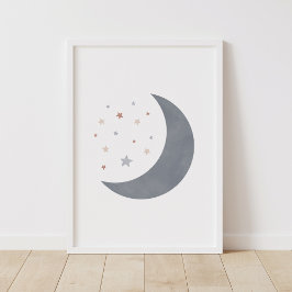Blue Watercolor Moon Boho Kinderzimmer Deco Poster