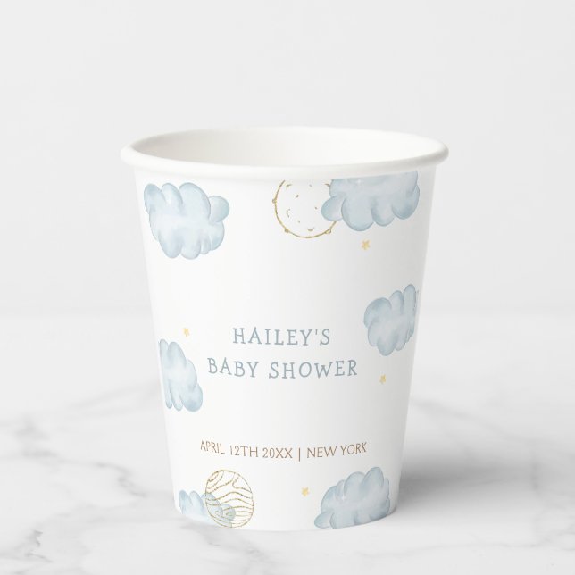 Blue Watercolor Moon Star Cloud Boy Baby Dusche Pappbecher (Vorderseite)