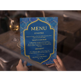 Blue Watercolor Moroccan Wedding Menu Menükarte