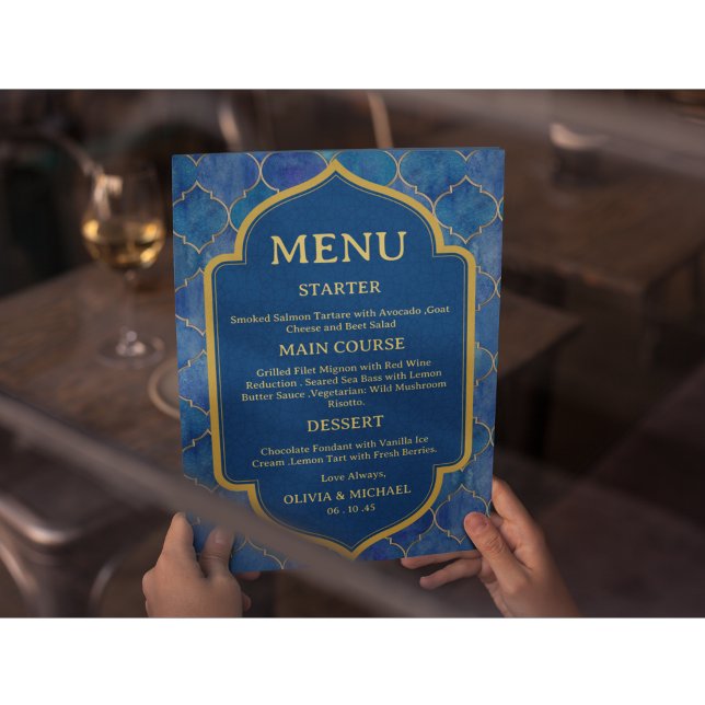 Blue Watercolor Moroccan Wedding Menu Menükarte (Von Creator hochgeladen)
